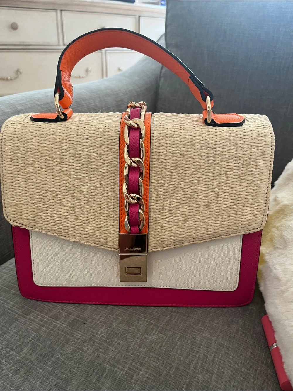 Aldo Cream Straw Satchel with Fuchsia & Orange Trim-Never Worn